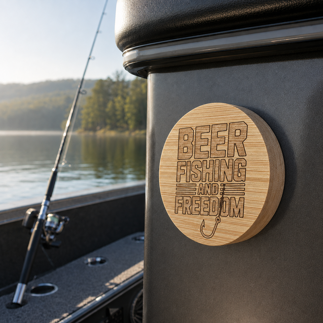 Beer Fishing and Freedom magnetic bottle opener on a fishing boat