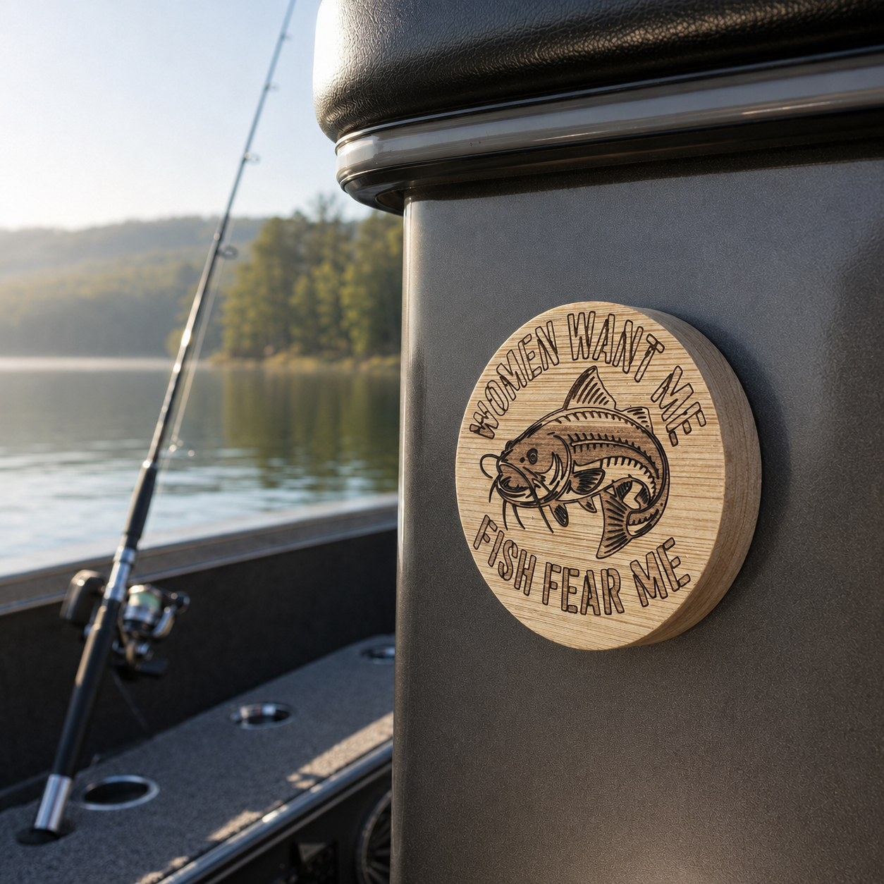 Women Want Me Fish Fear Me magnetic bottle opener on a fishing boat