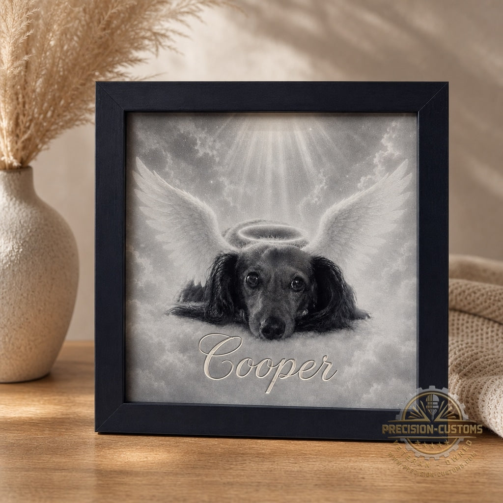 Framed pet memorial displayed on a shelf