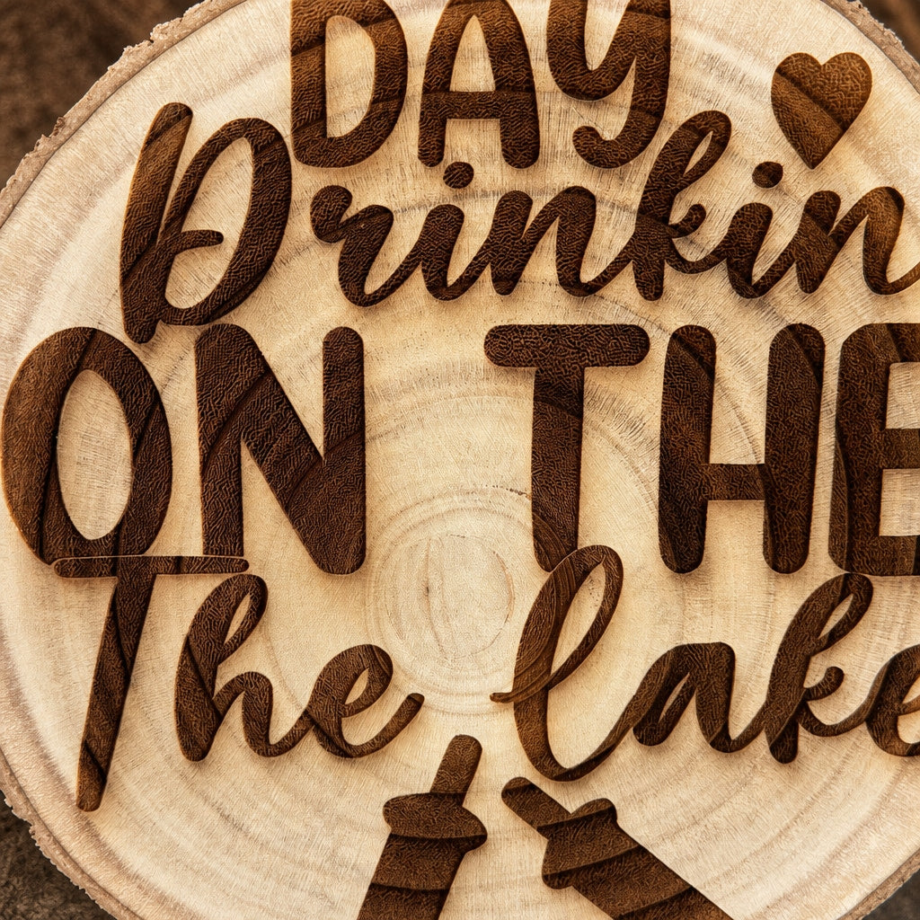 Day Drinkin’ on the Lake Live-Edge Wood Sign detail
