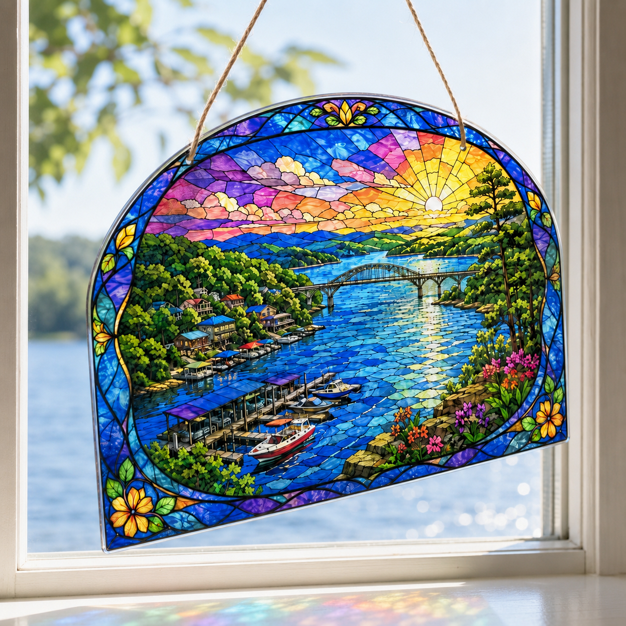 Angled view showing the thin clear acrylic window hanging backlit by daylight