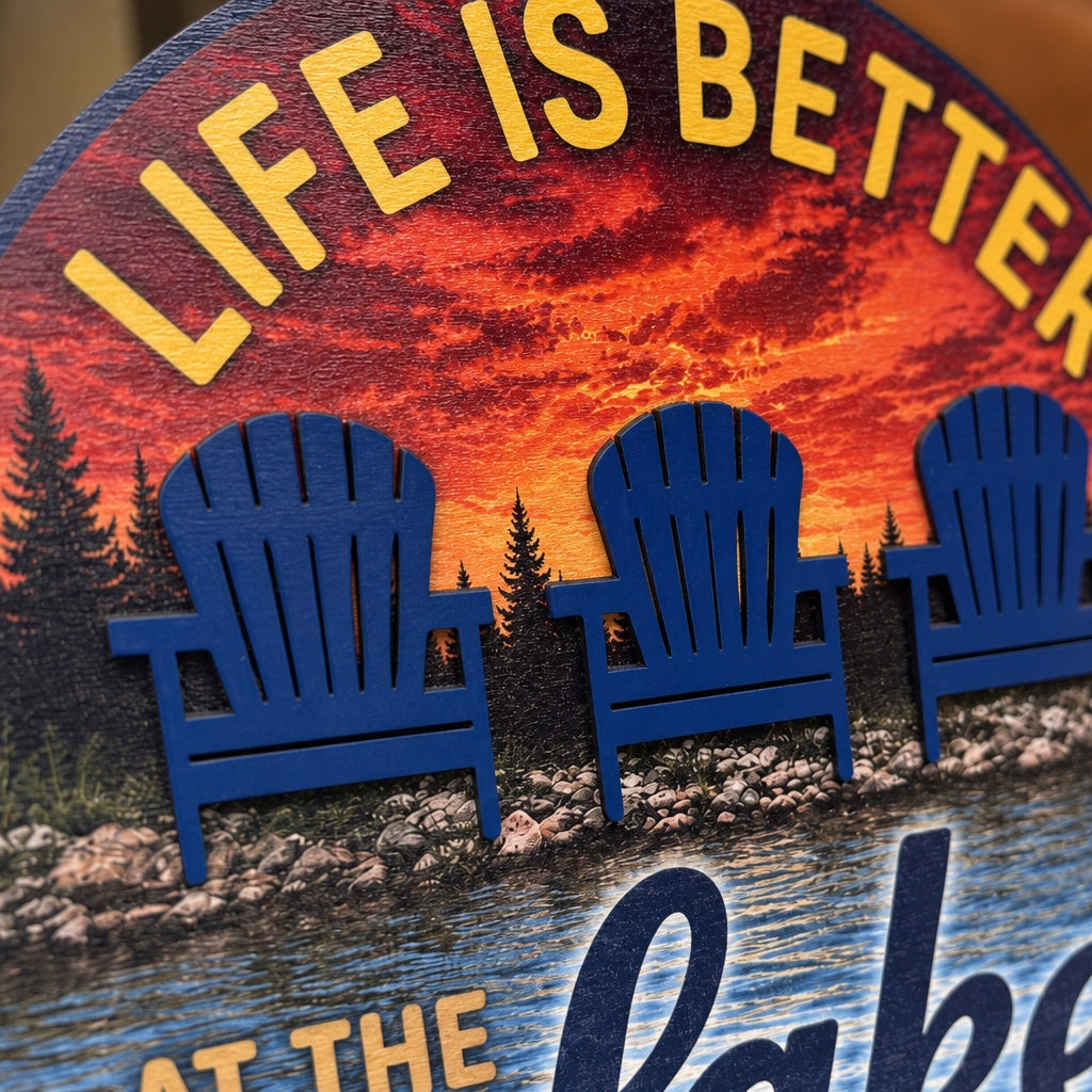 Close-up of the UV-printed lake sunset and raised layered wood Adirondack chairs