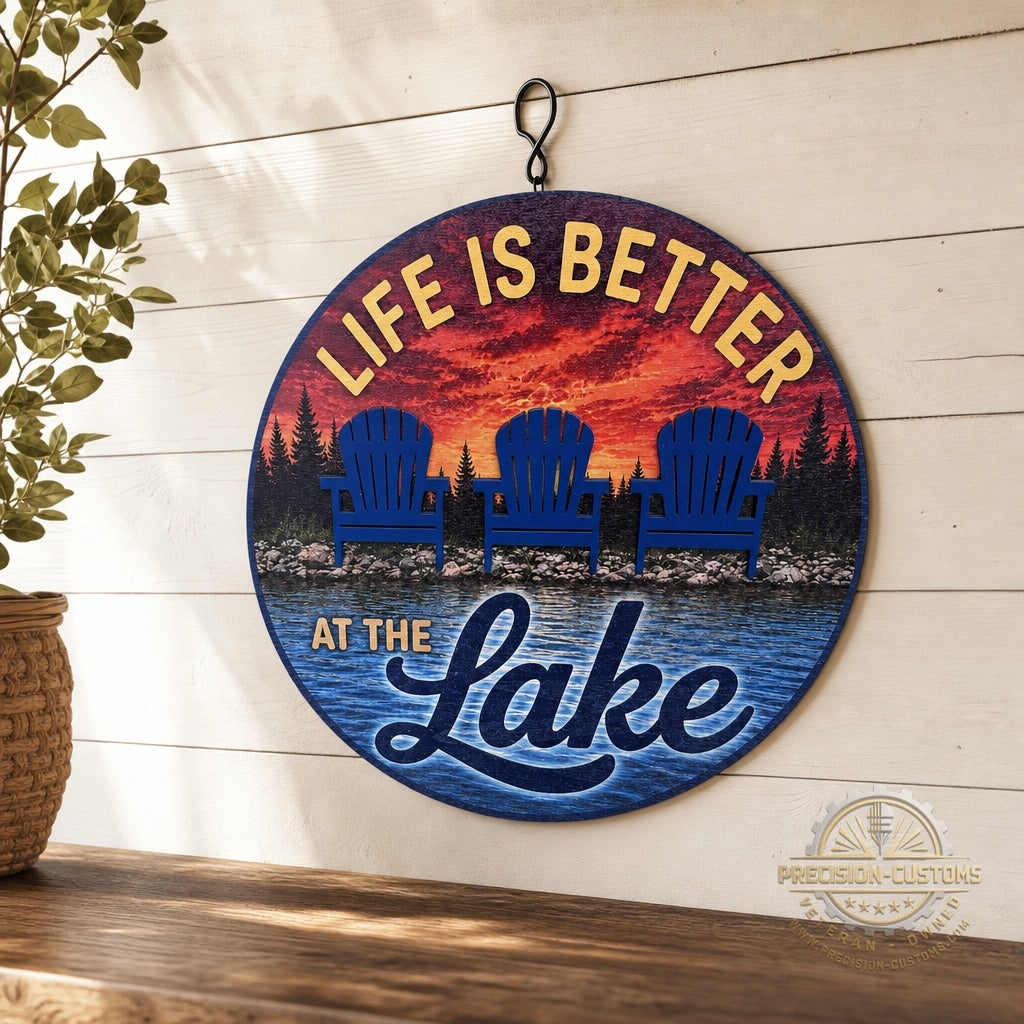 Life Is Better at the Lake layered birch wood sign displayed in lake-house decor