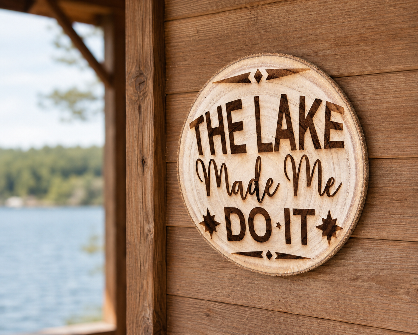 The Lake Made Me Do It live-edge wood sign displayed at a lake house