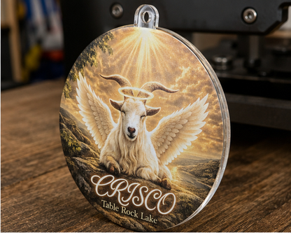 Angled view of the Crisco Table Rock Lake clear acrylic memorial ornament.