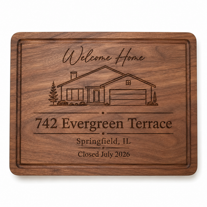 Welcome Home personalized walnut cutting board with address and closing date