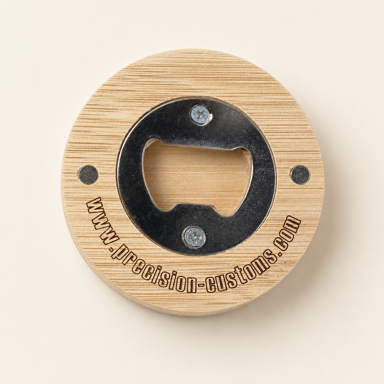 Back of magnetic bamboo bottle opener showing metal opener and magnets