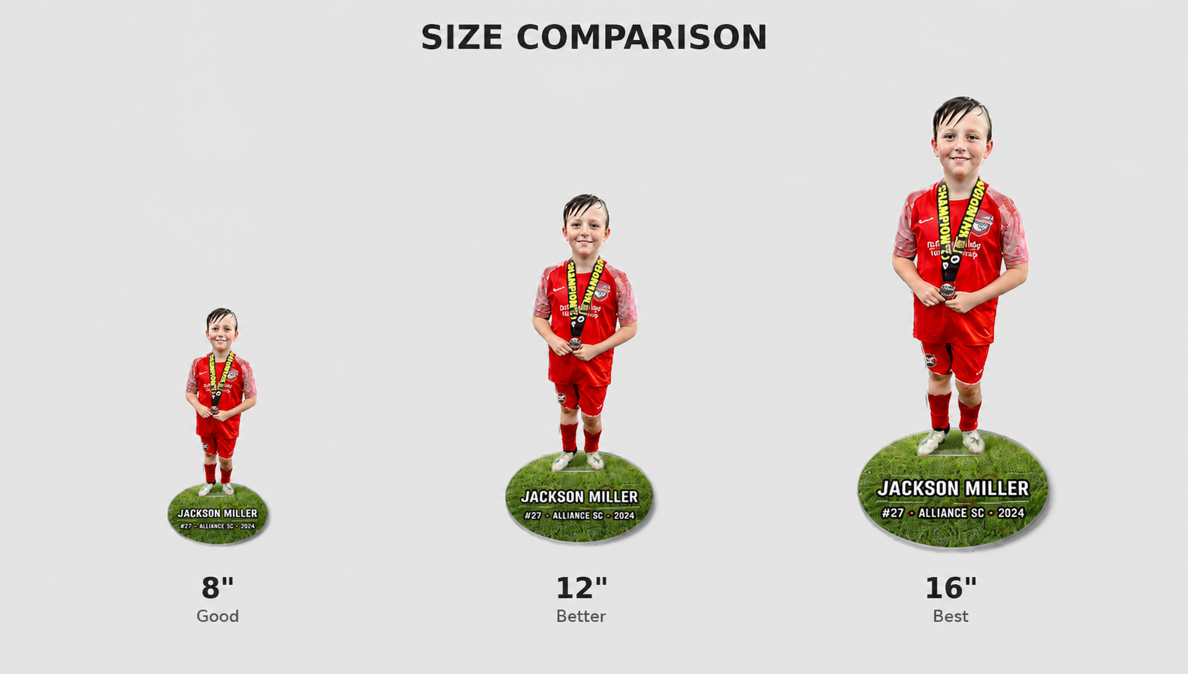 Personalized sports action statue size comparison for 8, 12, and 16 inches