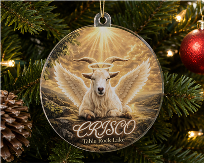 Crisco Table Rock Lake memorial ornament hanging on a warmly lit Christmas tree.