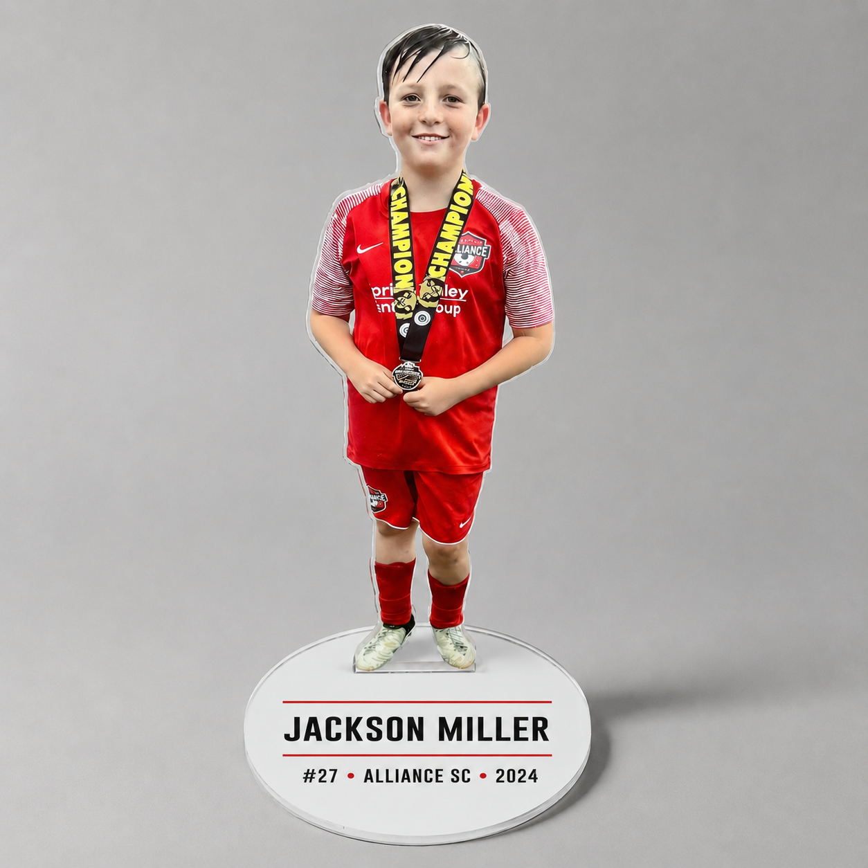 Personalized sports action statue with a custom text-only acrylic base