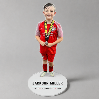 Personalized sports action statue with a custom text-only acrylic base