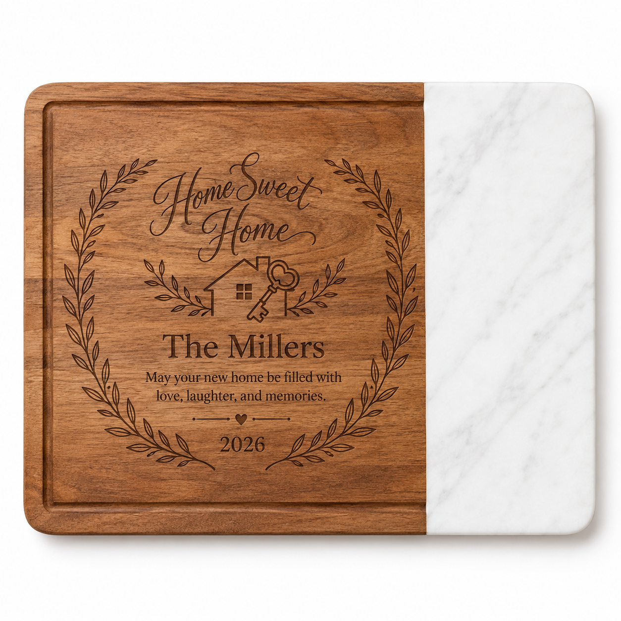 Personalized acacia and marble Home Sweet Home cutting board design
