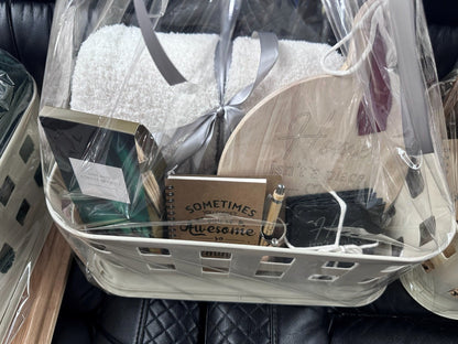Wrapped personalized closing gift basket with white blanket