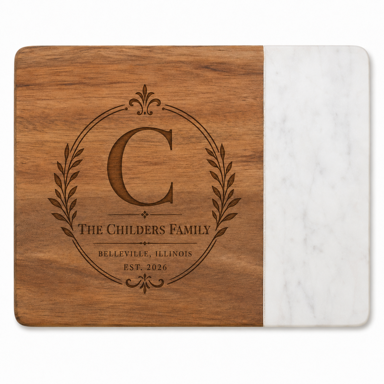 Personalized acacia and marble family monogram board design option