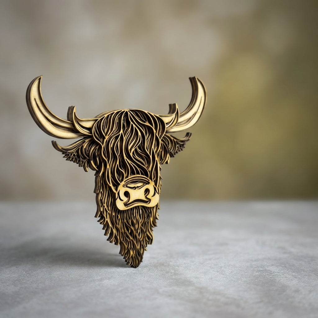 3D Layered Highland Cow wall art angled view
