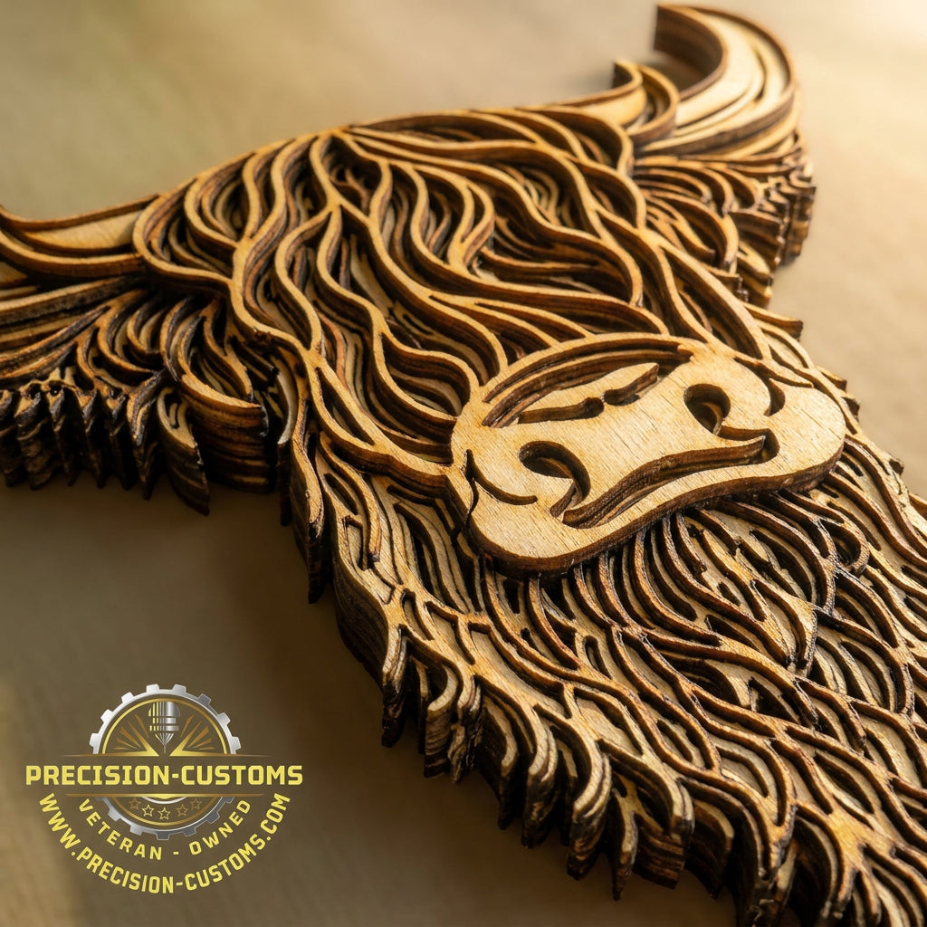3D Layered Highland Cow wall art detail close-up