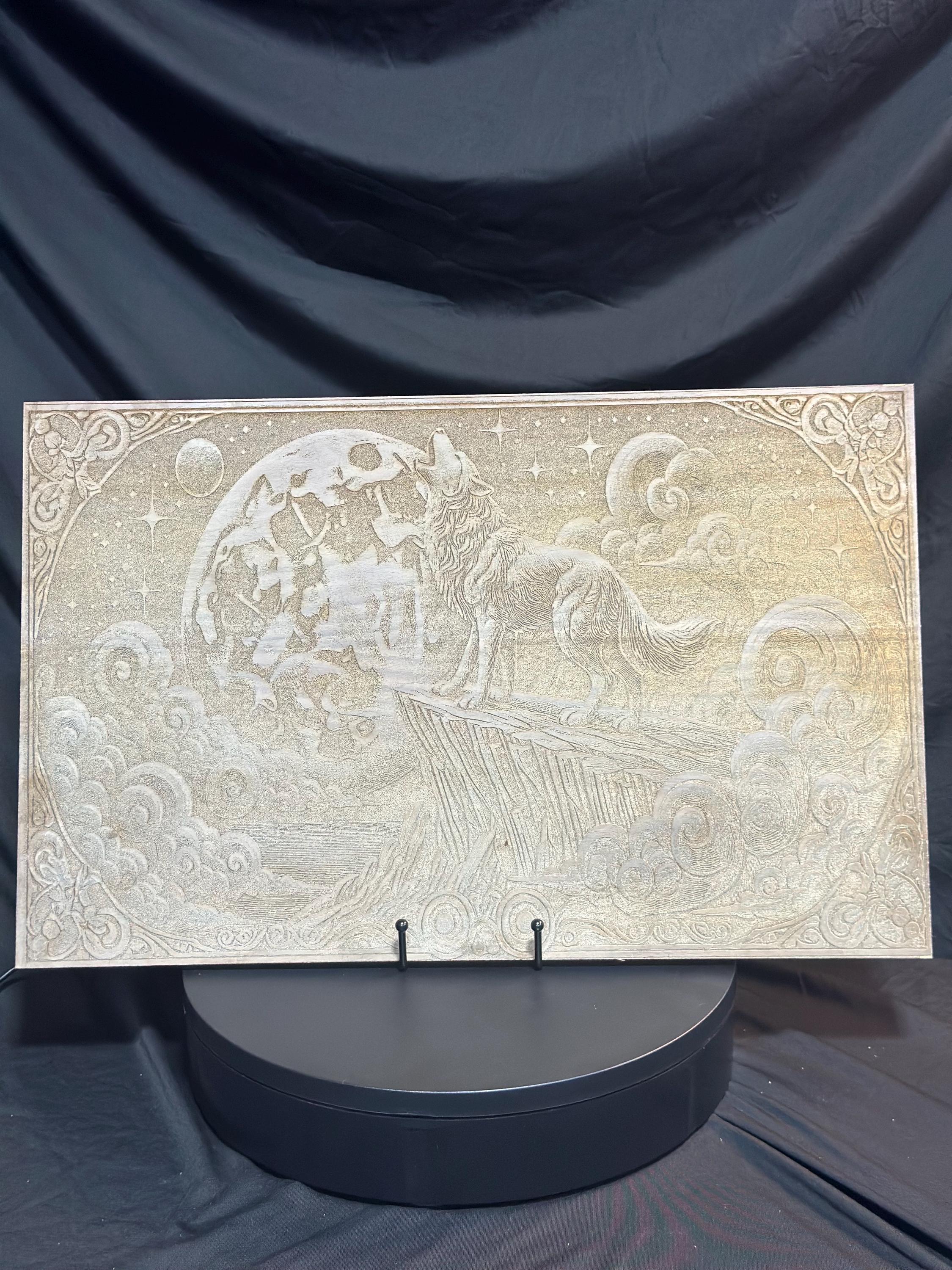3D Illusion Wolf Engraving on Baltic Birch