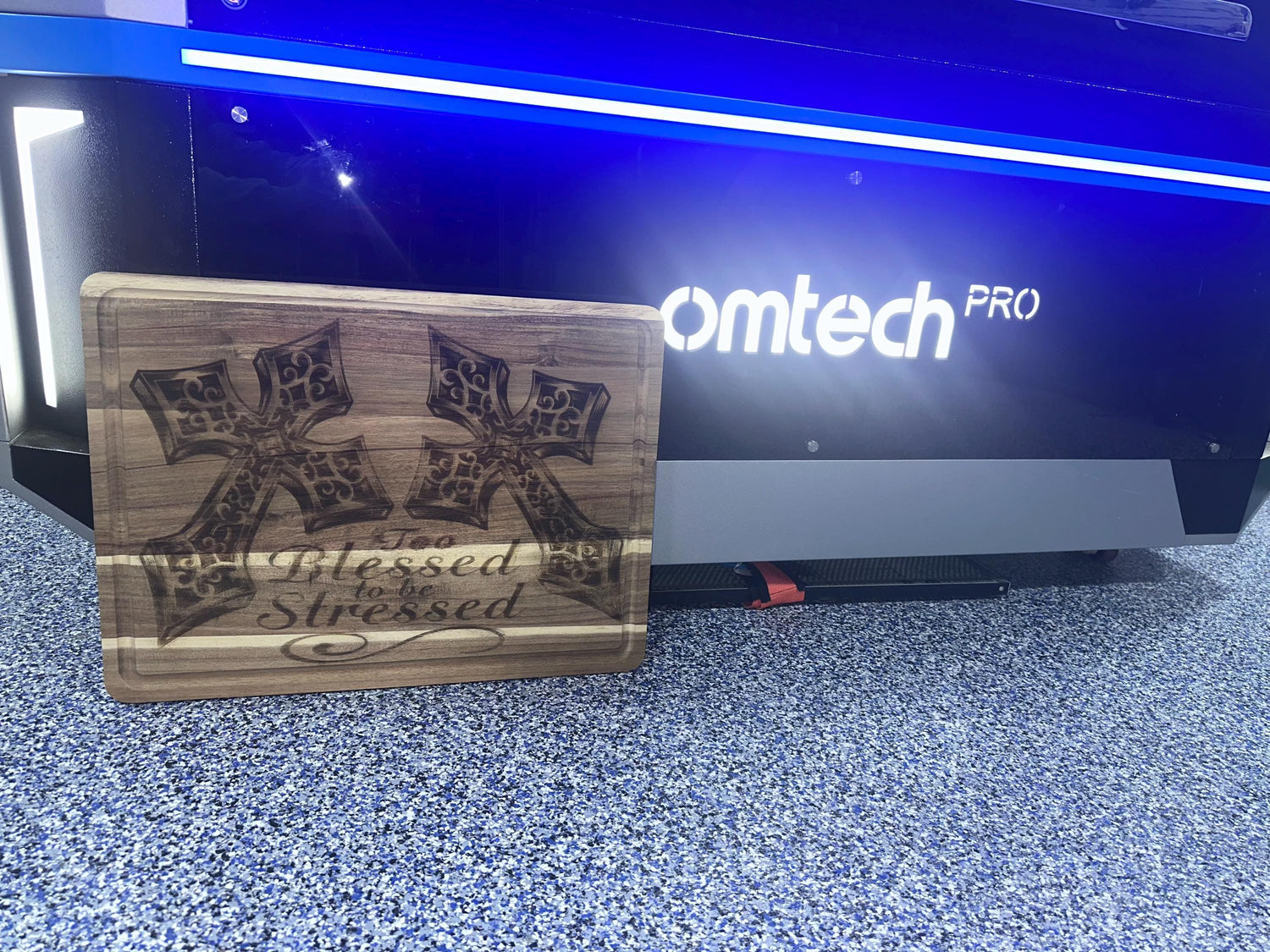 Large Cutting Board Engraved with “Too Blessed to be Stressed” and two crosses
