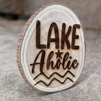 Lake Aholic Live-Edge Wood Sign angled view