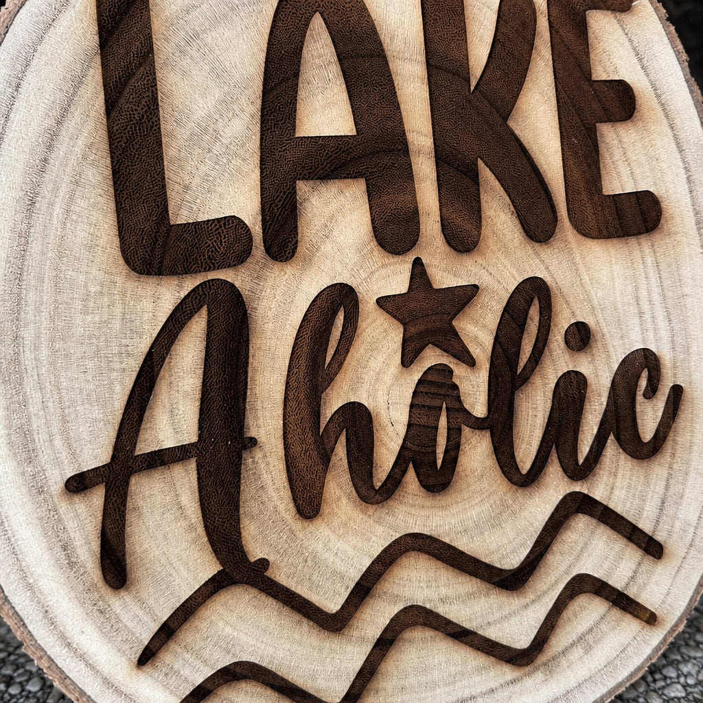 Lake Aholic Live-Edge Wood Sign detail