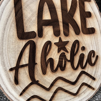 Lake Aholic Live-Edge Wood Sign detail