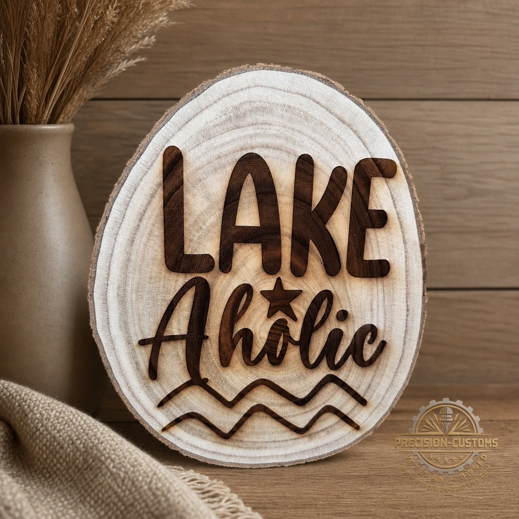 Lake Aholic Live-Edge Wood Sign displayed in lake-house decor