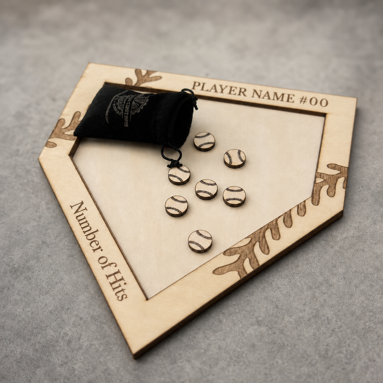 Personalized baseball or softball counter angled view showing layered construction