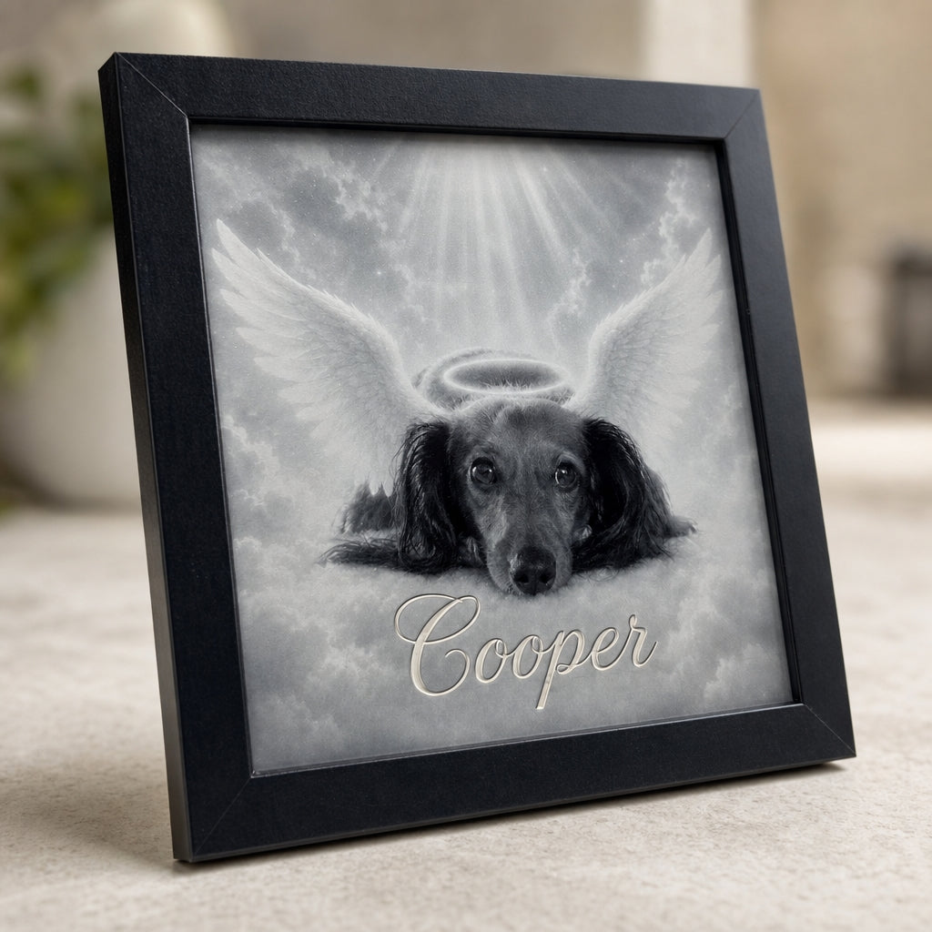 Angled view of custom framed pet memorial engraving