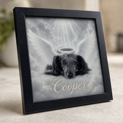 Angled view of custom framed pet memorial engraving