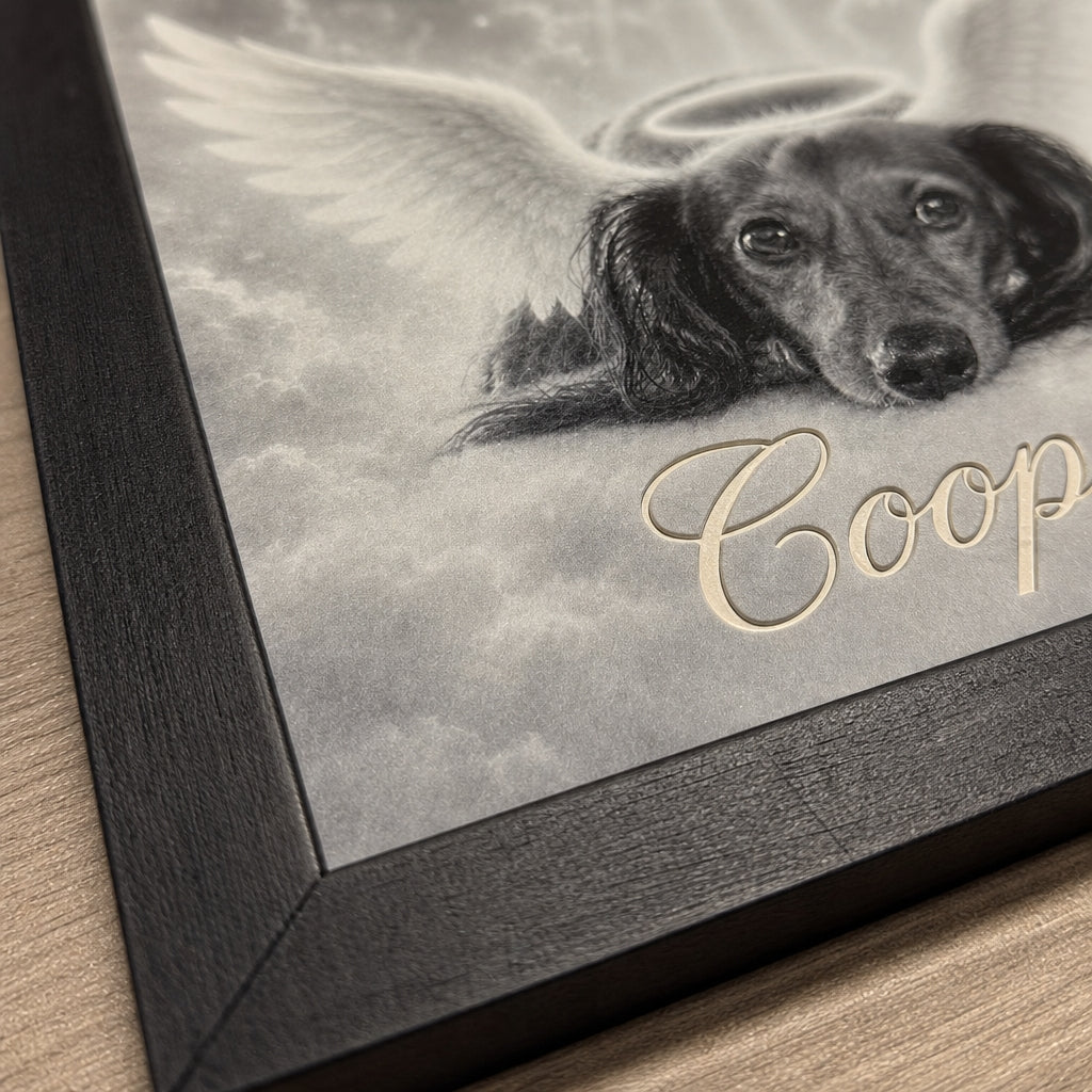 Close detail of laser engraved pet portrait and personalized name