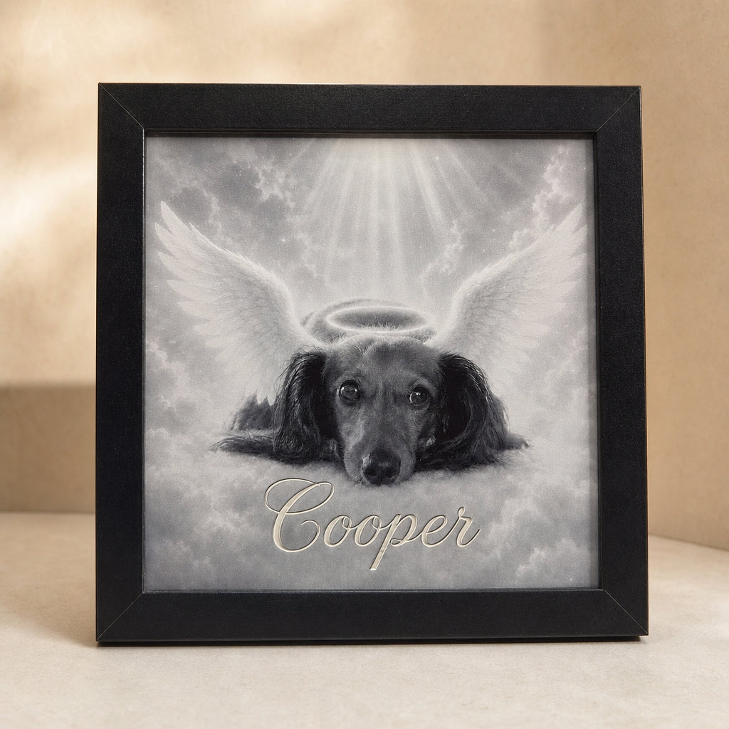 Framed laser engraved black acrylic pet memorial portrait