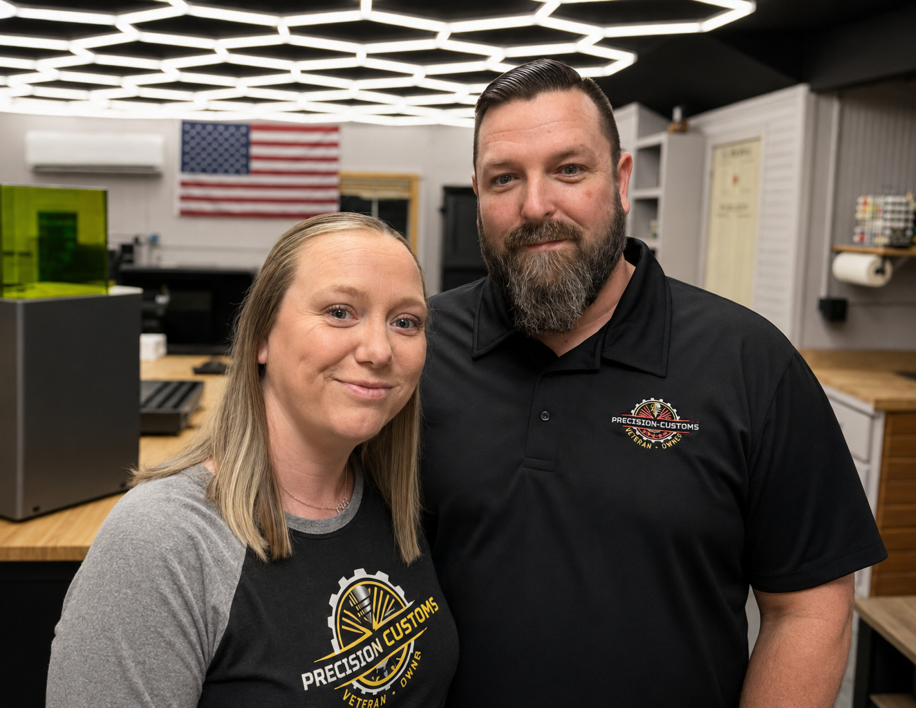 Bryan and Michelle, owners of Precision Customs, in their workshop