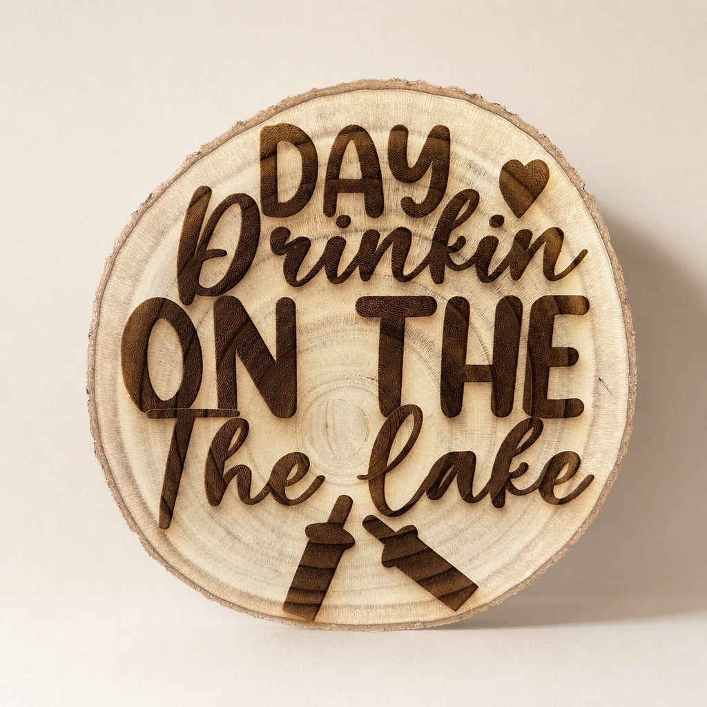 Day Drinkin’ on the Lake Live-Edge Wood Sign front view