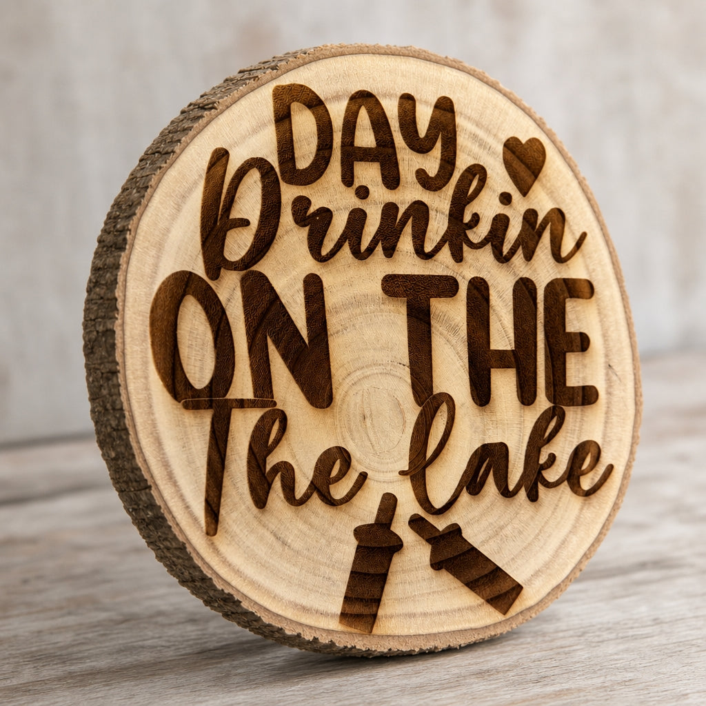 Day Drinkin’ on the Lake Live-Edge Wood Sign angled view