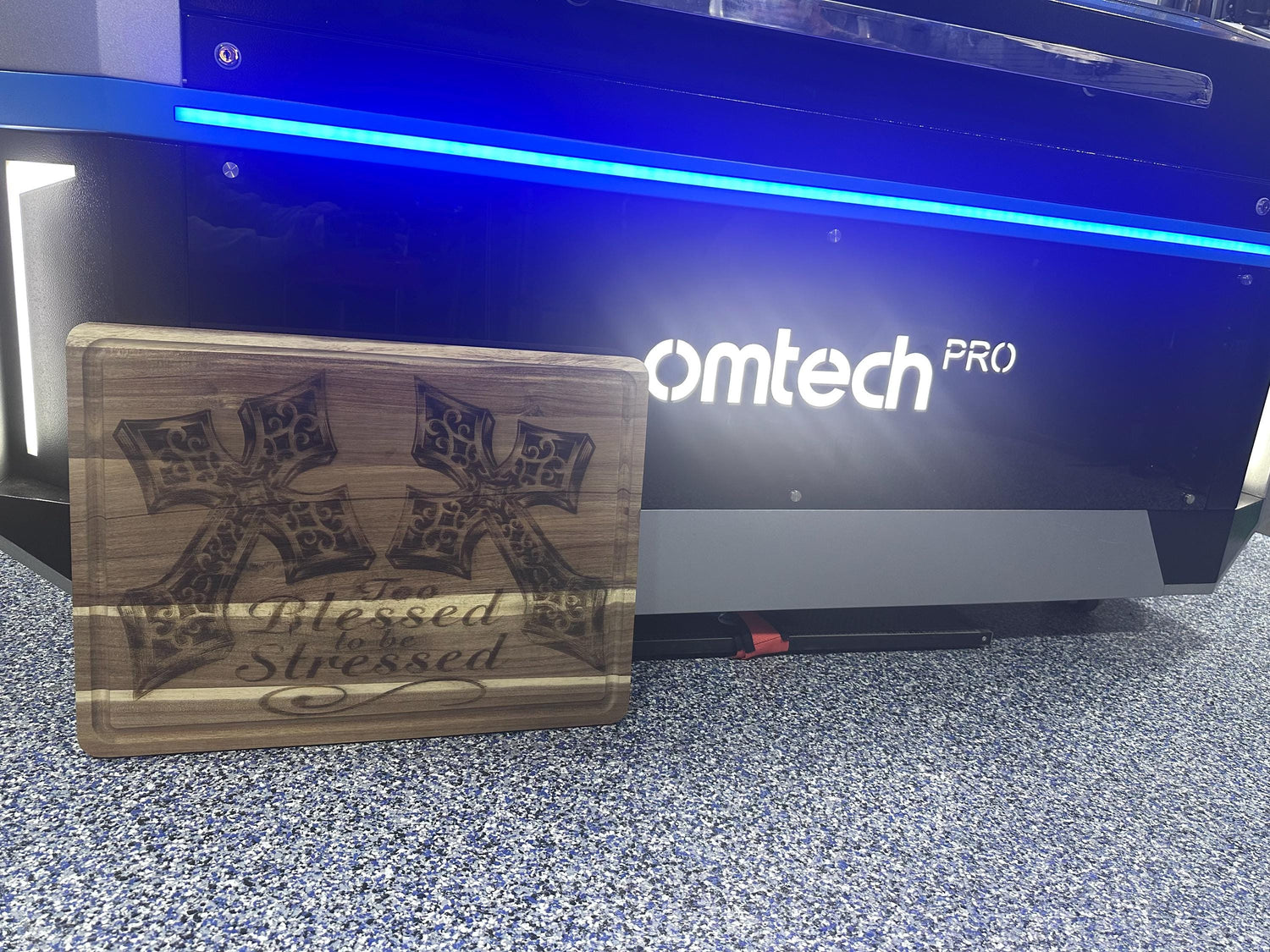 Large Cutting Board Engraved with “Too Blessed to be Stressed” and two crosses