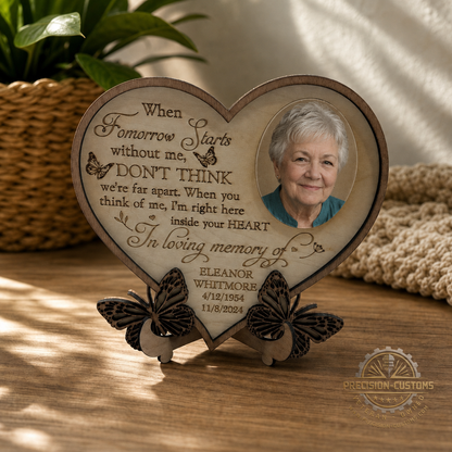 Heart memorial plaque with fictional sample displayed in a remembrance setting