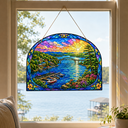 Kimberling City bridge acrylic window hanging glowing in natural daylight