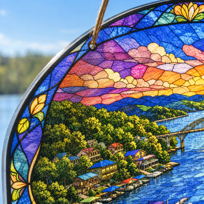 Close-up of the illuminated UV-printed artwork and clear acrylic edge