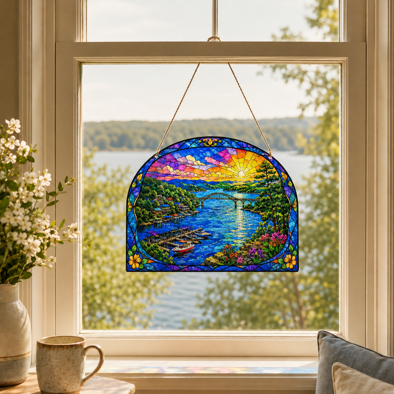 Kimberling City bridge acrylic decoration hanging in a lake-house window