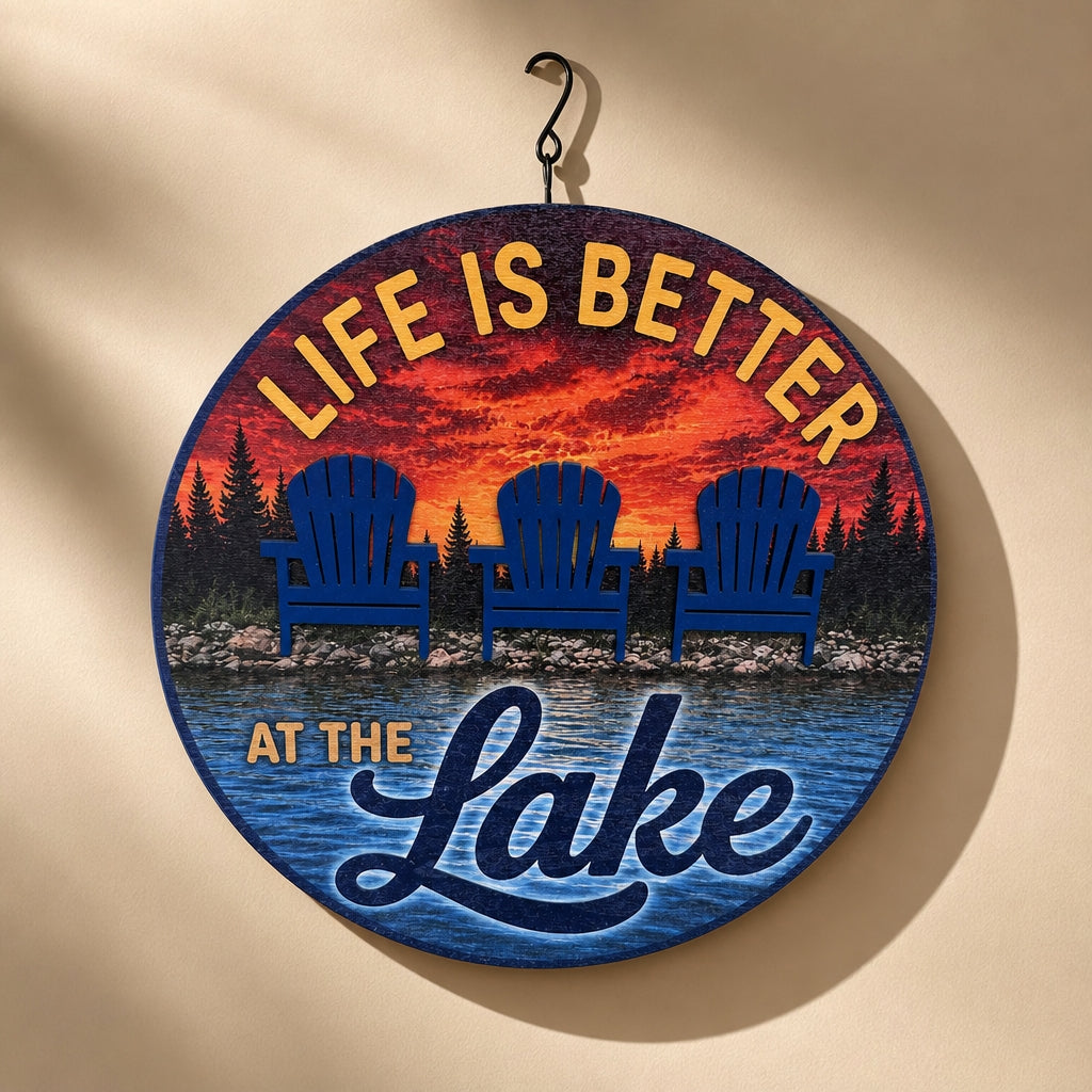 Life Is Better at the Lake UV-printed birch wood sign front view with raised layered chairs