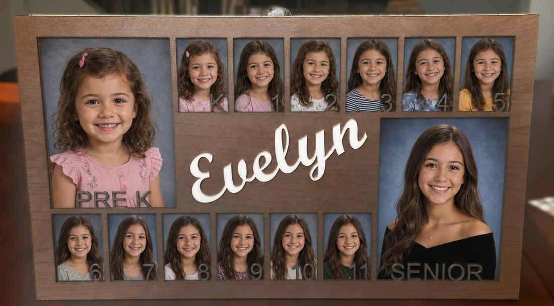 Personalized Pre-K through Senior school photo memory frame showing one child&