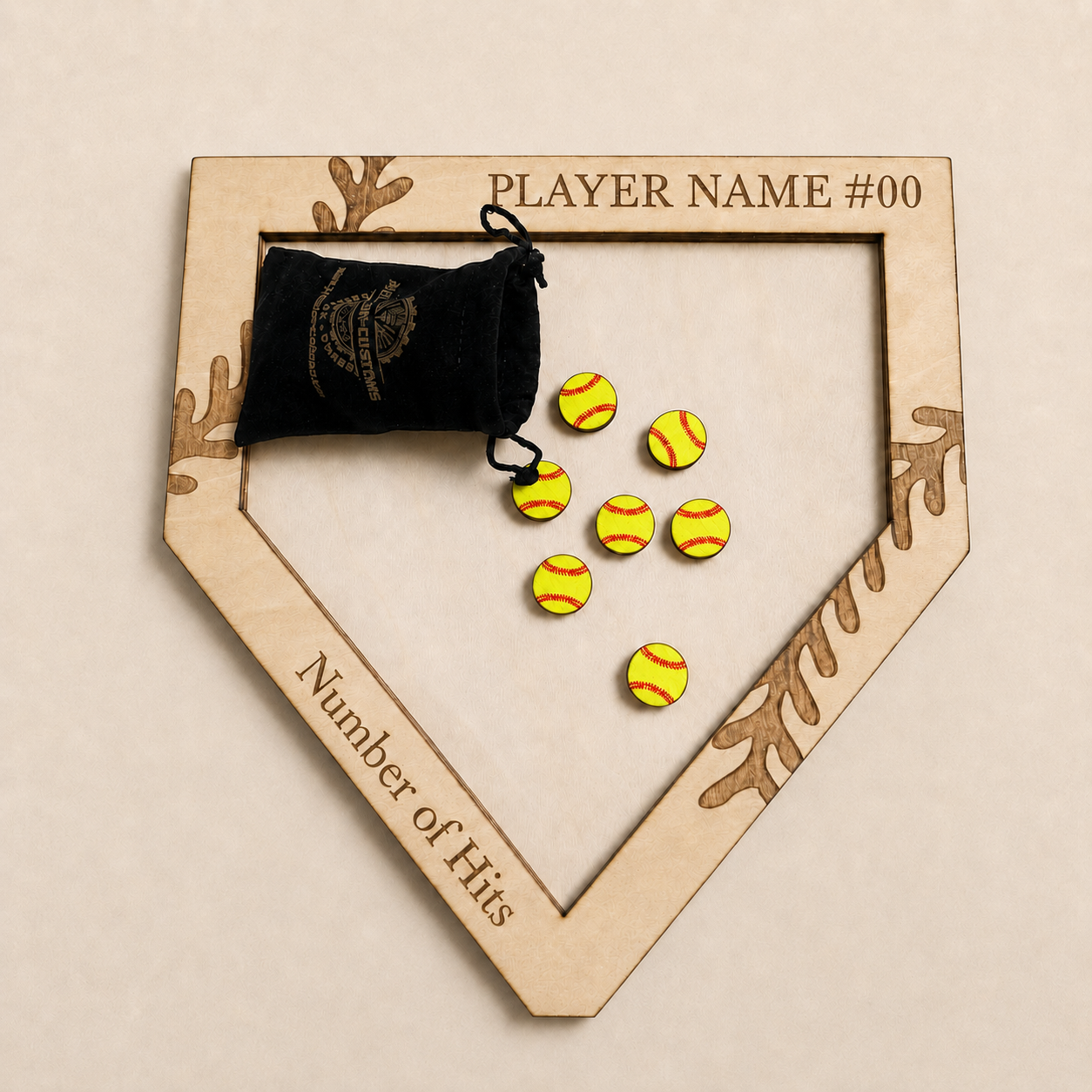 Classic birch personalized softball hit or home run counter with yellow tokens