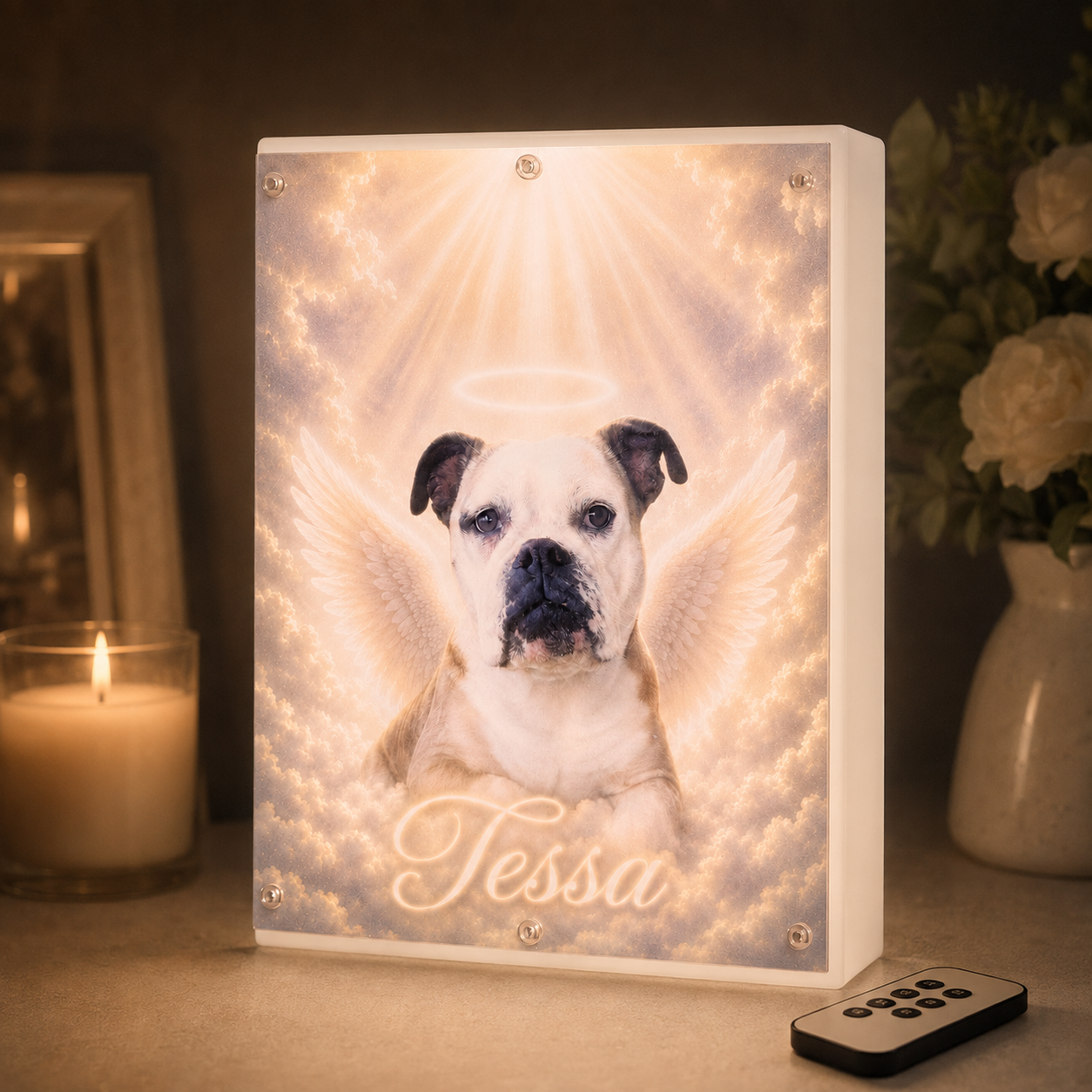 Personalized pet memorial light box illuminated with white light and remote control