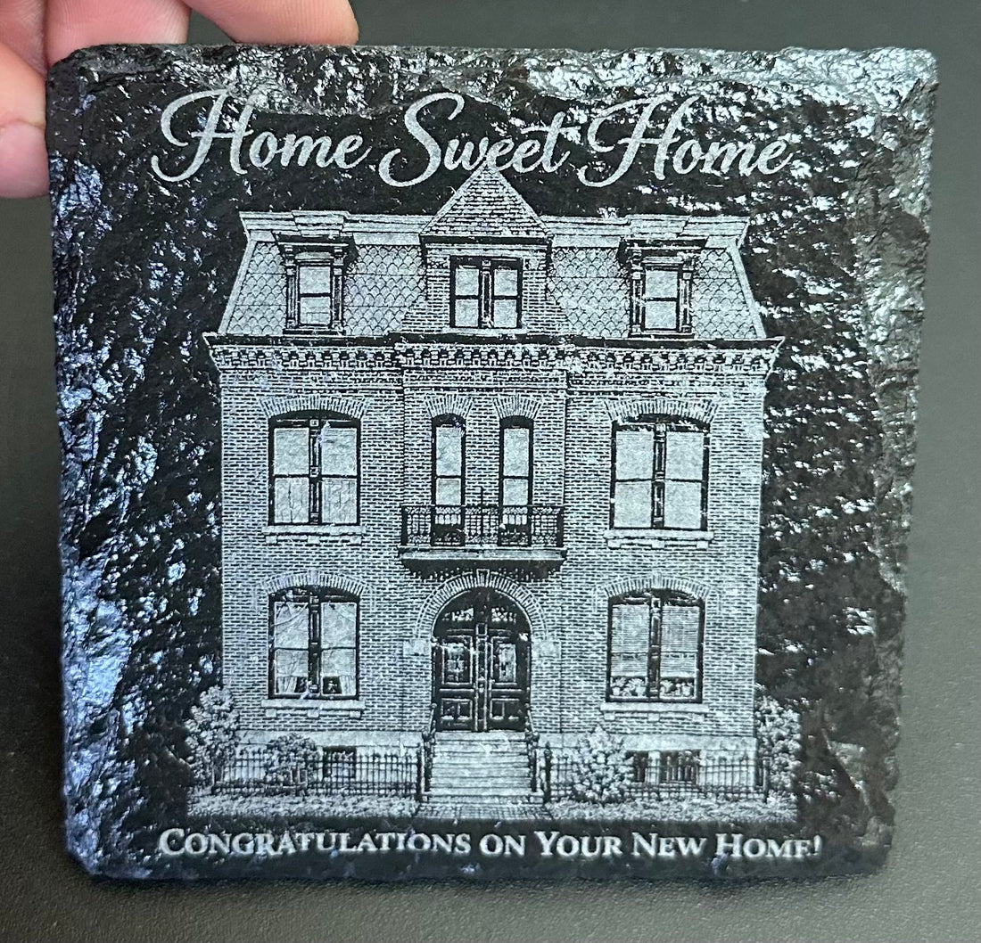 Custom engraved slate house portrait coaster with realtor closing message