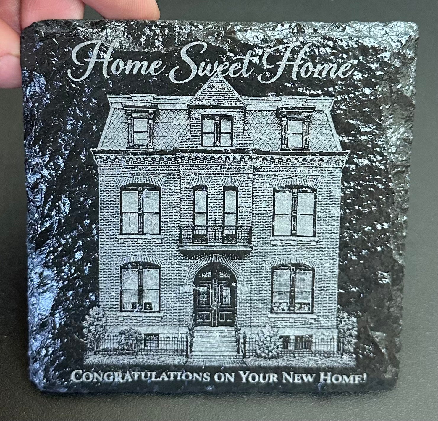Custom engraved slate house portrait coaster with realtor closing message