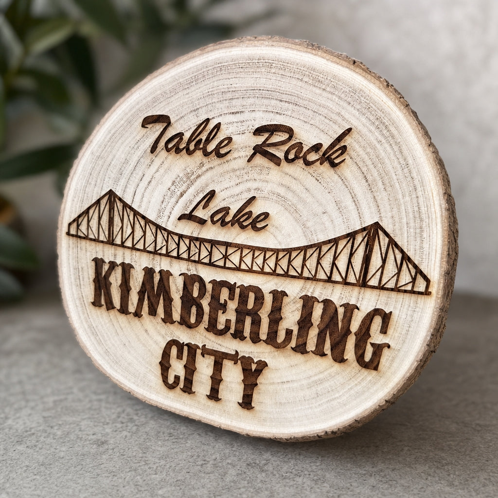 Table Rock Lake – Kimberling City Live-Edge Wood Sign angled view