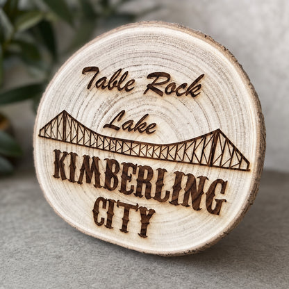 Table Rock Lake – Kimberling City Live-Edge Wood Sign angled view