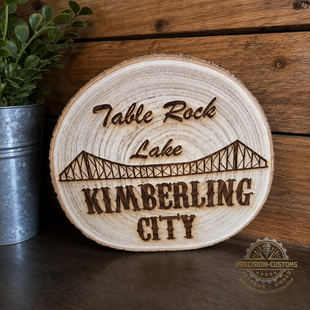 Table Rock Lake – Kimberling City Live-Edge Wood Sign displayed in lake-house decor