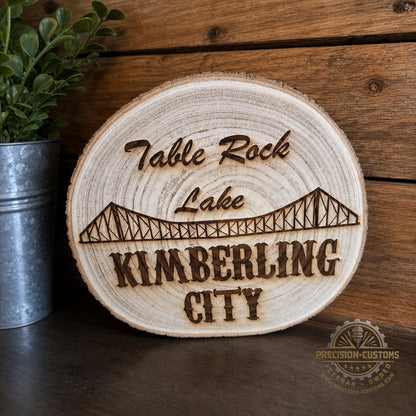 Table Rock Lake – Kimberling City Live-Edge Wood Sign displayed in lake-house decor